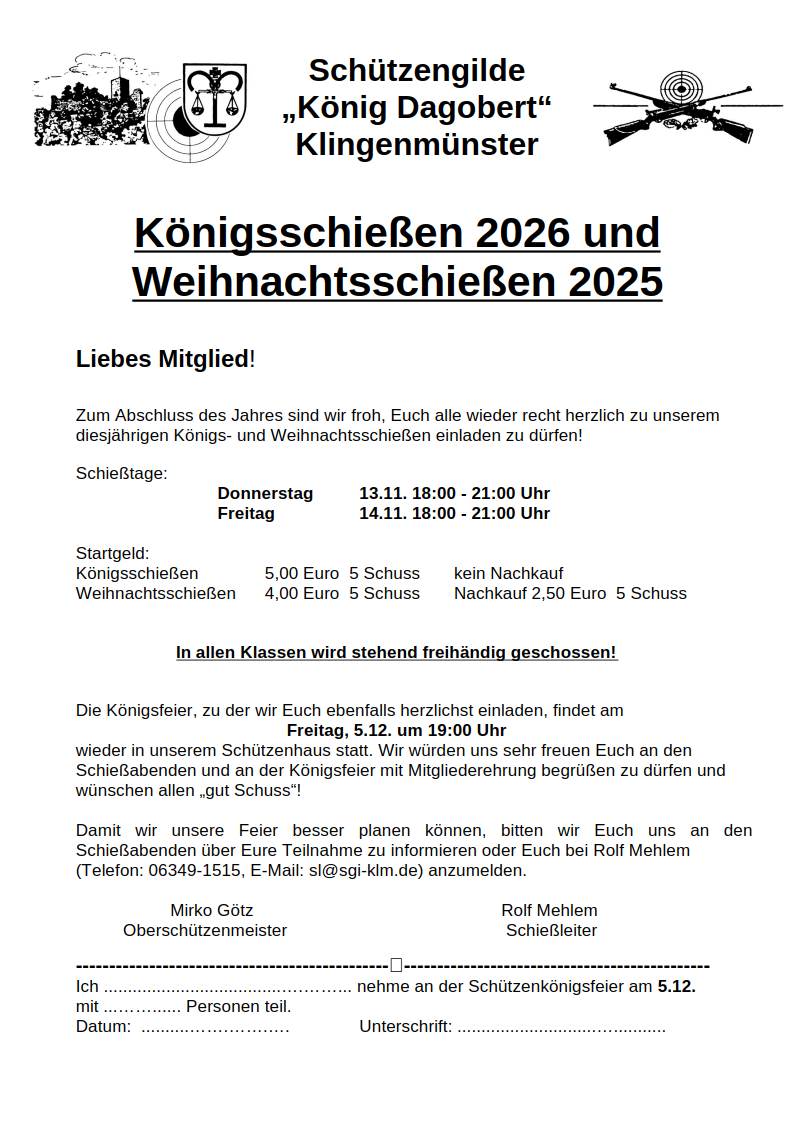 Einladung Königsschießen und Feier